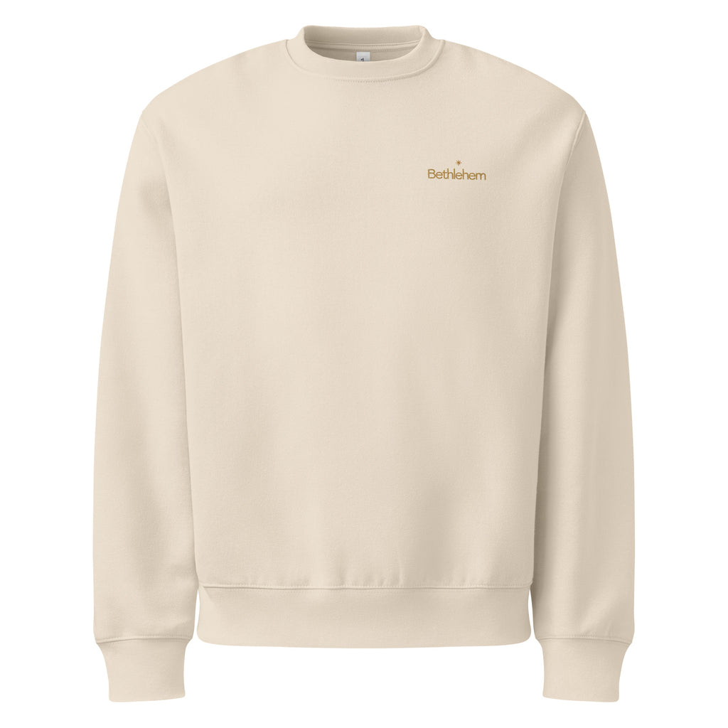 Bethlehem sand heavyweight Christian crewneck with small chest mark and star icon