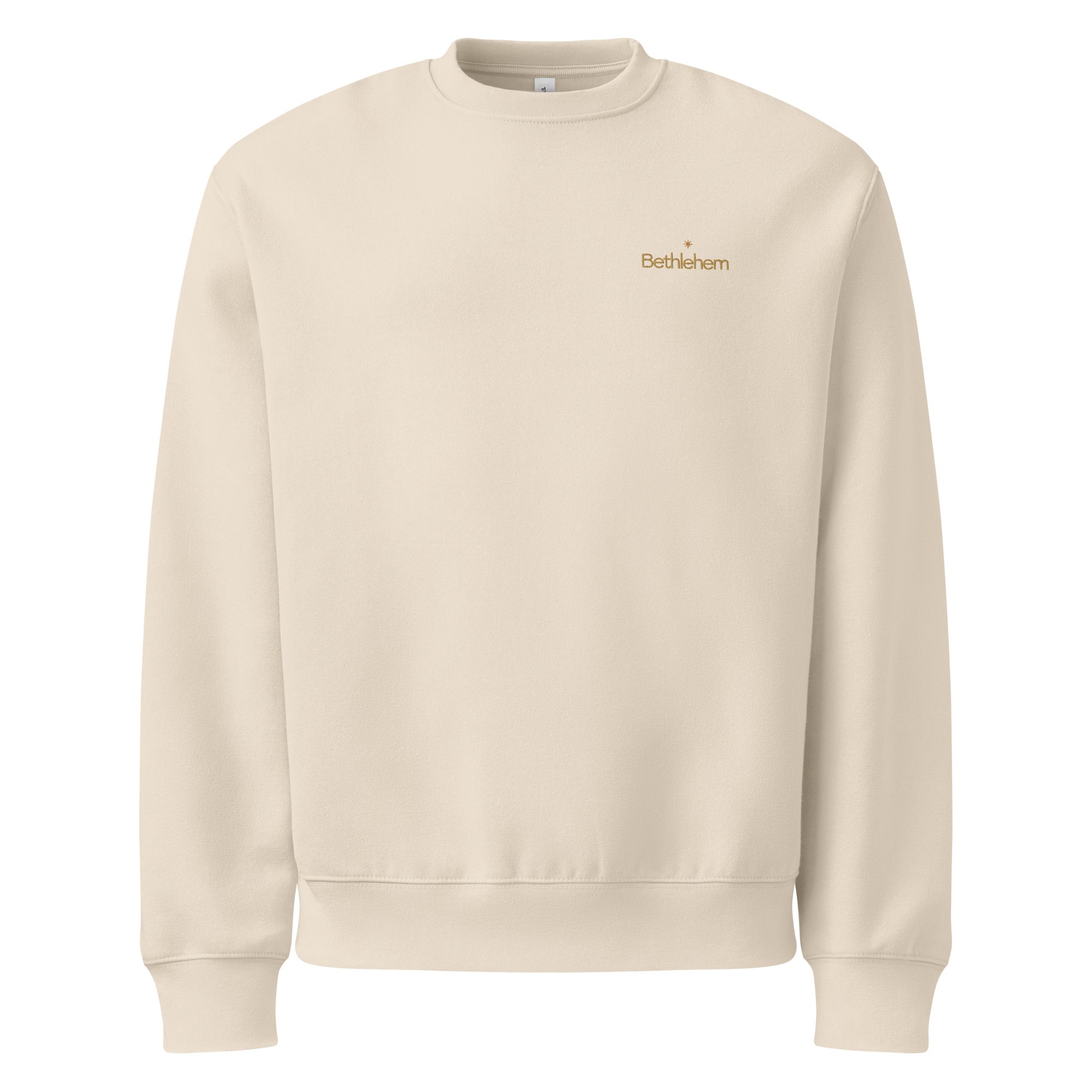 Bethlehem sand heavyweight Christian crewneck with small chest mark and star icon