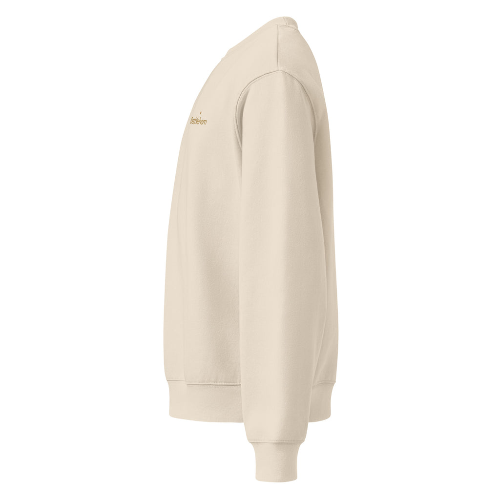 Bethlehem sand heavyweight Christian crewneck with small chest mark and star icon