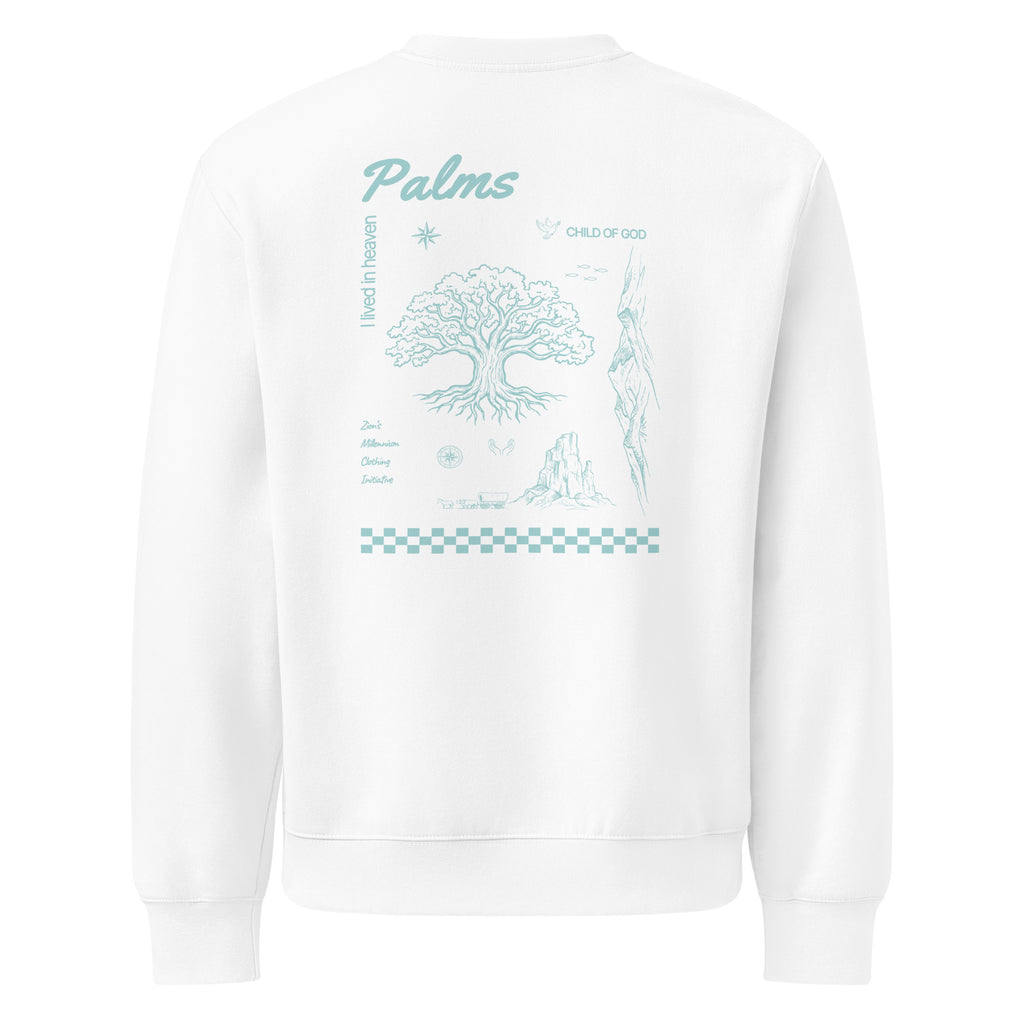 Palms white Christian sweatshirt for women with a sage Tree of Life back graphic