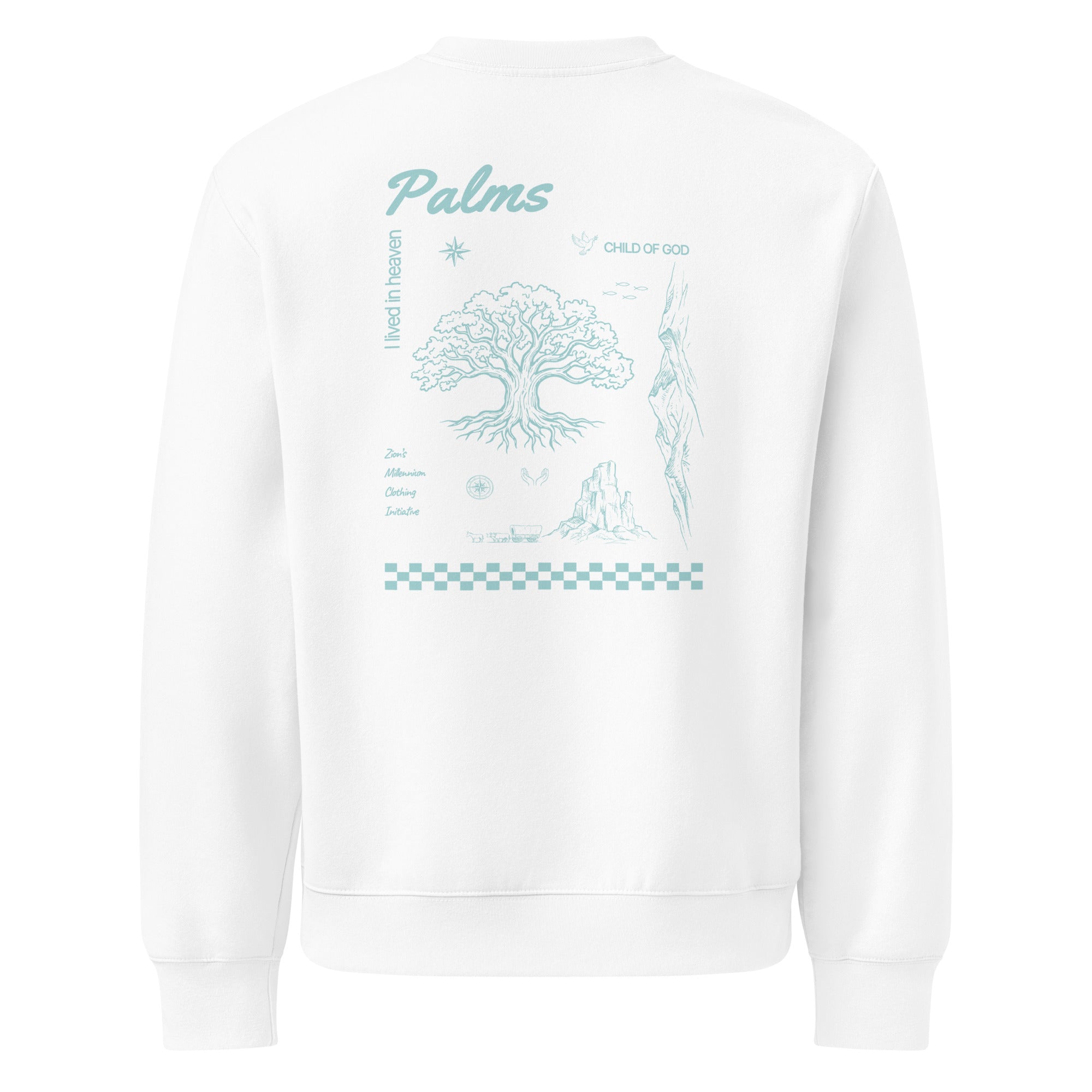 Palms white Christian sweatshirt for women with a sage Tree of Life back graphic