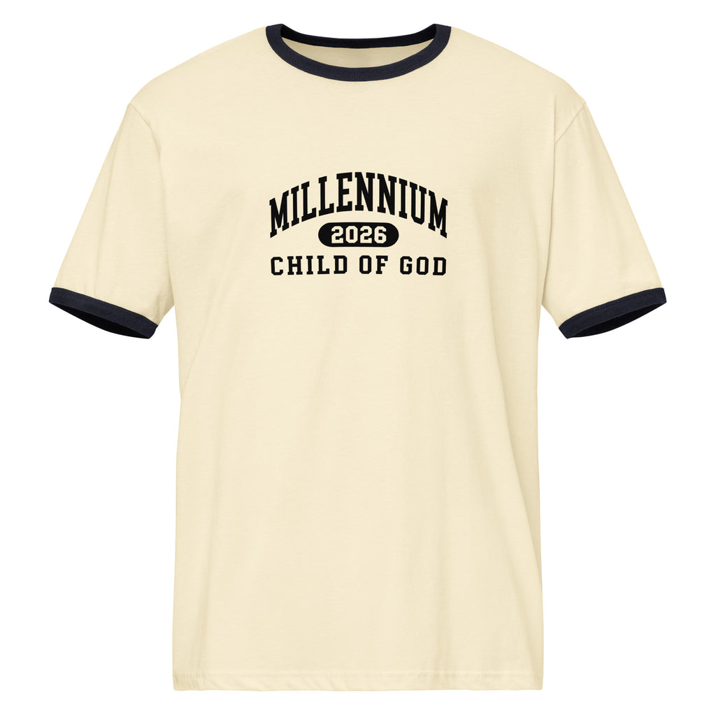 Child of God cream varsity ringer tee with black contrast binding