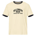 Child of God cream varsity ringer tee with black contrast binding