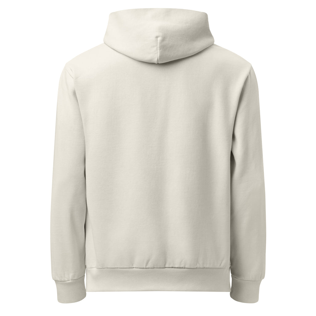 Child of God garment-dyed cream hoodie with a vintage varsity mark in burgundy