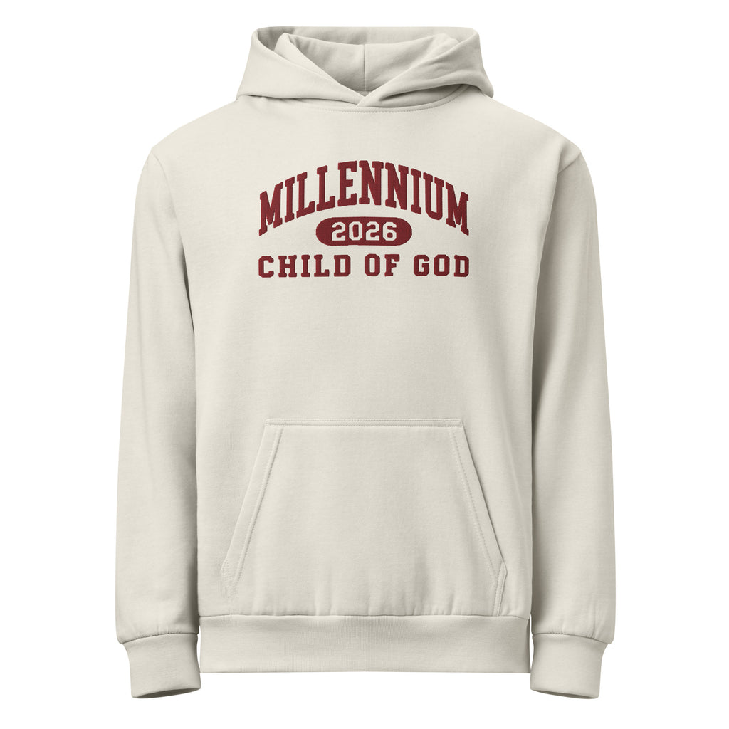 Child of God garment-dyed cream hoodie with a vintage varsity mark in burgundy