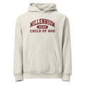 Child of God garment-dyed cream hoodie with a vintage varsity mark in burgundy