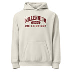 Child of God garment-dyed cream hoodie with a vintage varsity mark in burgundy