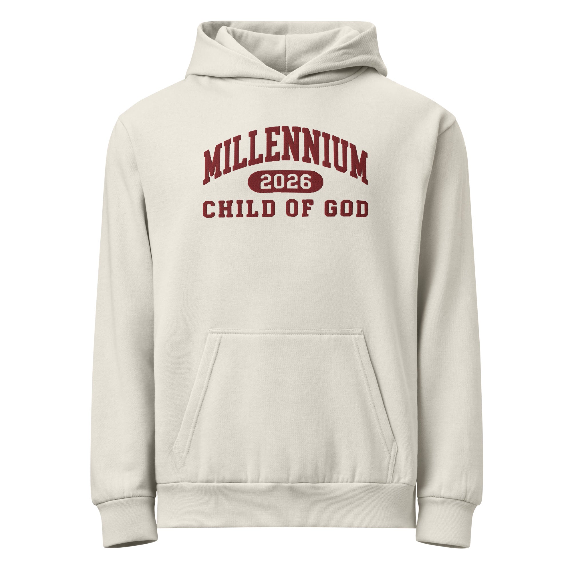 Child of God garment-dyed cream hoodie with a vintage varsity mark in burgundy
