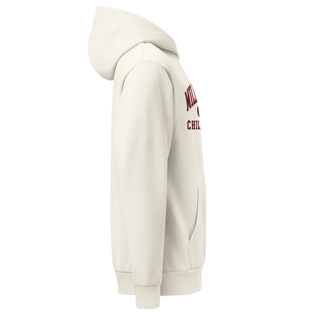 Child of God garment-dyed cream hoodie with a vintage varsity mark in burgundy
