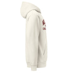 Child of God garment-dyed cream hoodie with a vintage varsity mark in burgundy