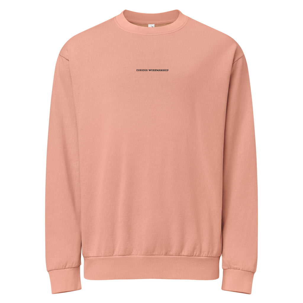 Curious Workmanship pigment-dyed heavyweight Christian crewneck with minimalist chest inscription