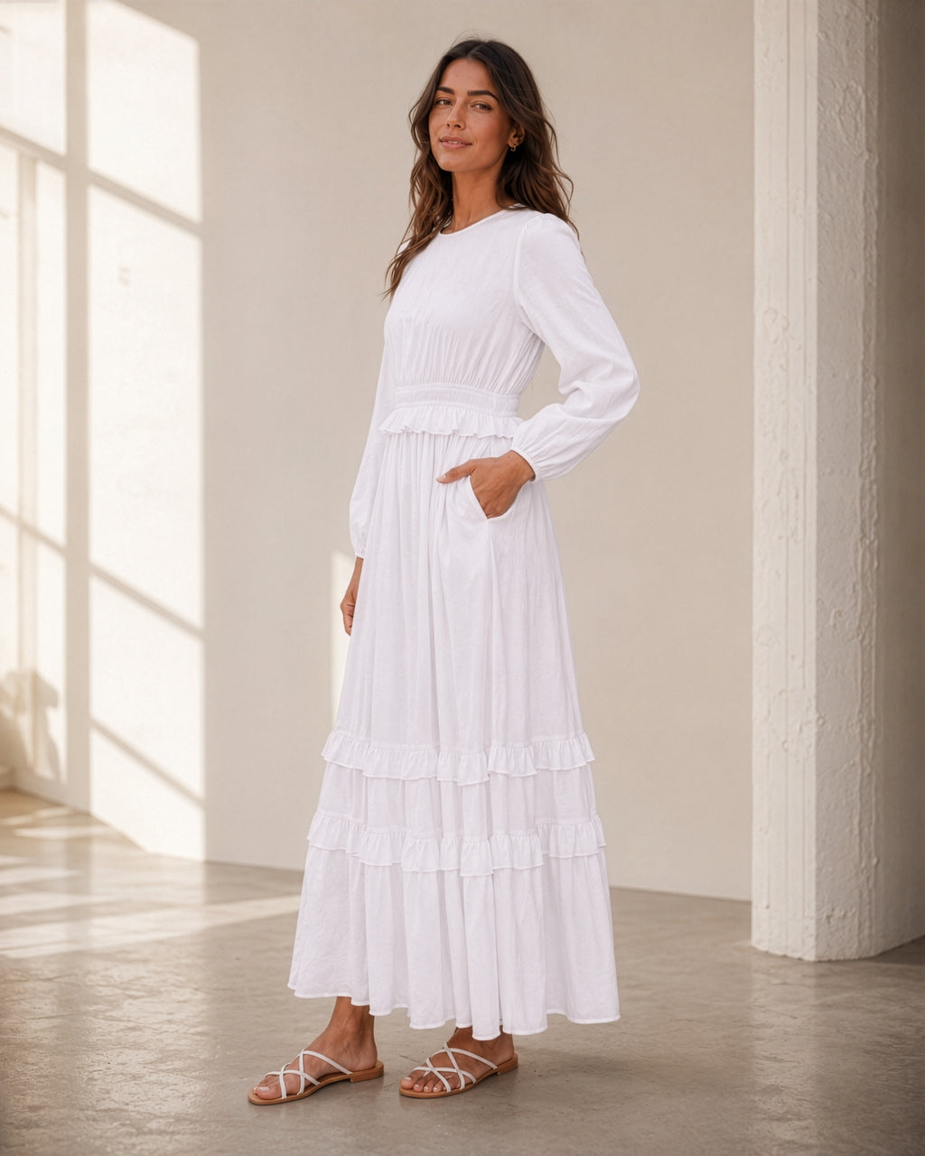 The Willamette Valley soft tiered-ruffle white LDS temple dress with long sleeves and pockets