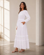 The Willamette Valley soft tiered-ruffle white LDS temple dress with long sleeves and pockets