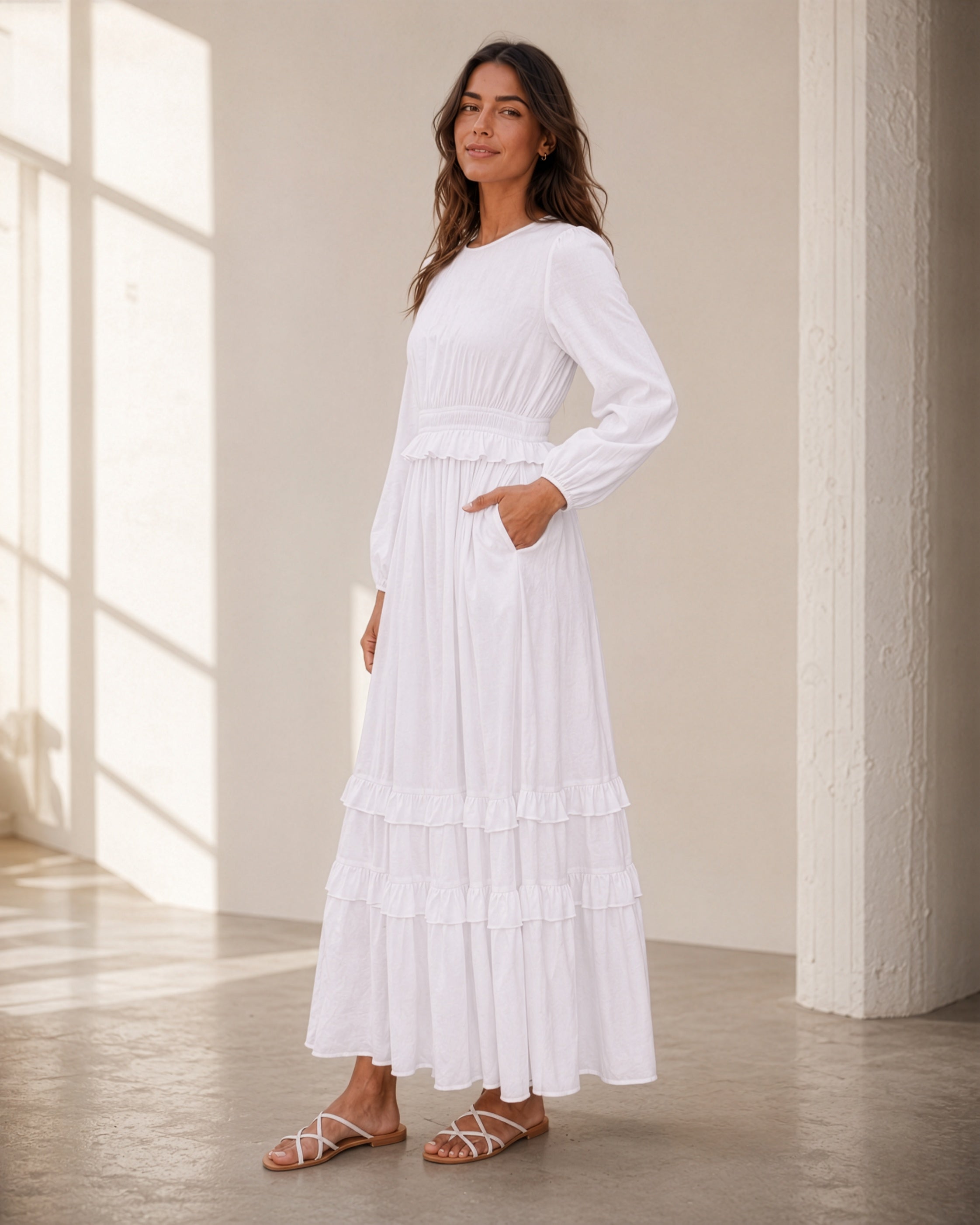 The Willamette Valley soft tiered-ruffle white LDS temple dress with long sleeves and pockets