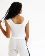 White fitted scoop-neck tee with cap sleeves and cotton stretch fabric